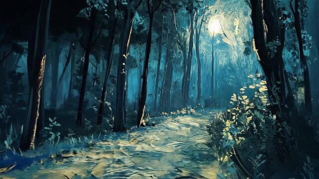 Mystical woodland path in moonlit forest captured through shifting light