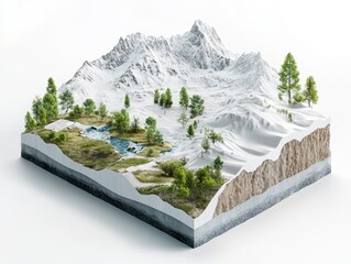3D cutaway of mountain slope with avalanche control tech, showing snow nets, dynamic barriers, vegetation anchoring, and layered terrain analysis, clean white background