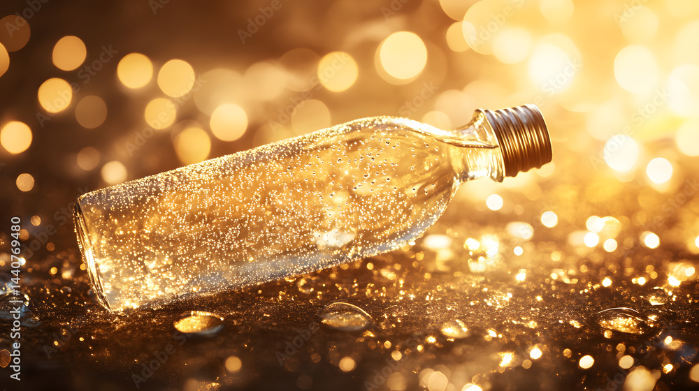Poster gleaming bottle: a clear glass bottle, its surface shimmering with golden light, rests on a reflecti
