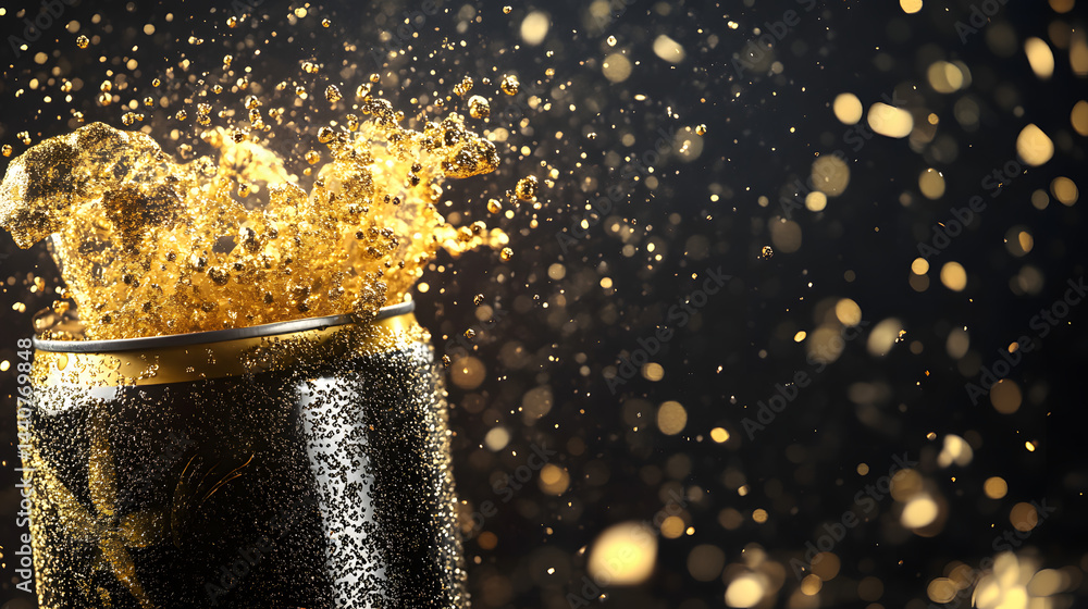 Poster burst of refreshment: capturing a dynamic moment as a beverage can explodes, sending droplets of spa