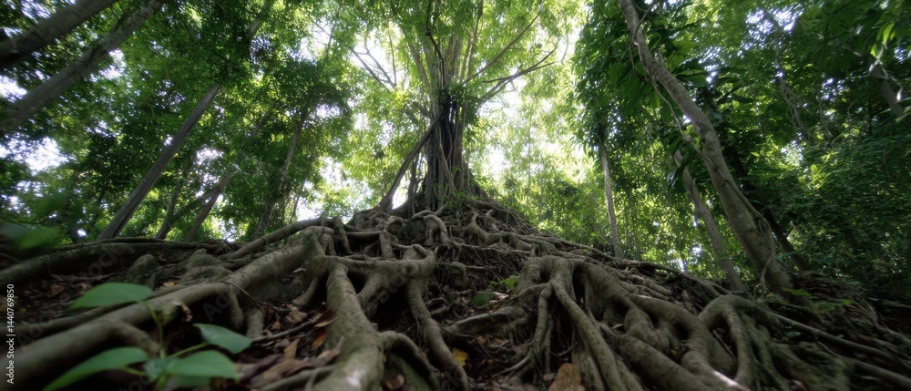 Poster majestic fig tree with sprawling roots in lush tropical forest canopy view creating a serene and enc