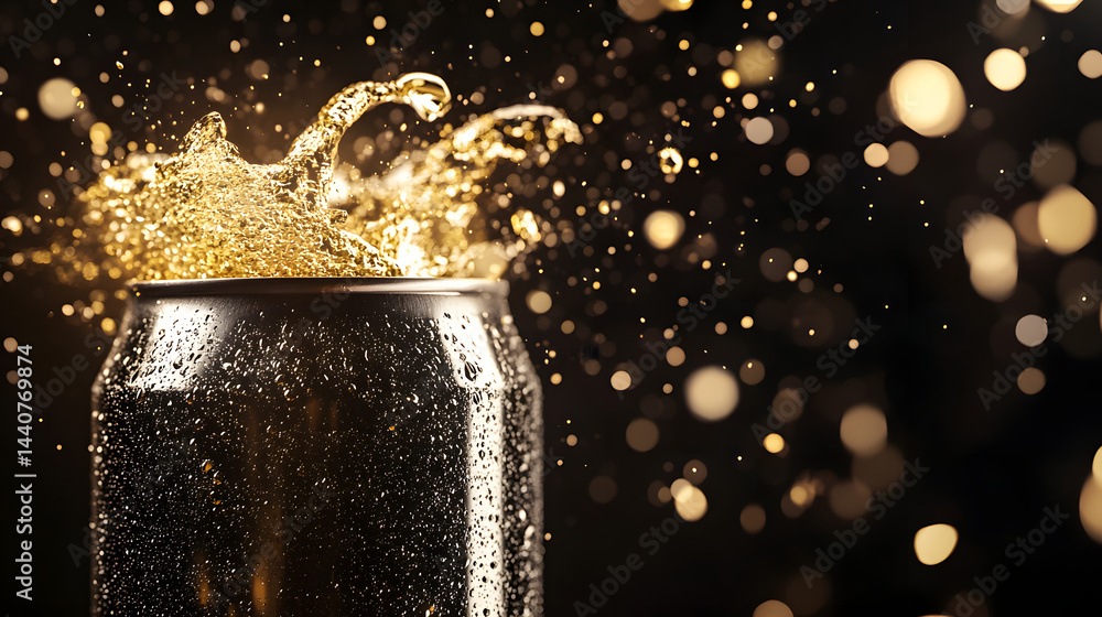 Poster refreshing beverage splashing out: an aluminum can bursts with a fizzy beverage, capturing the dynam
