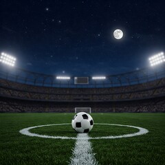  bola no meio do campo e futebol ao fundo, longe, a torcida e o céu com lua pequena e estrelas, sem jogadores