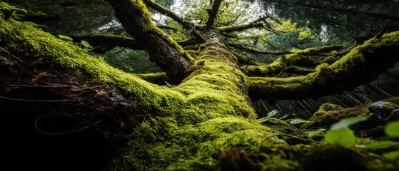 Enchanting moss covered tree trunk in a lush forest canopy with vibrant green foliage and natural light creating a serene and immersive nature scene in a wild environment