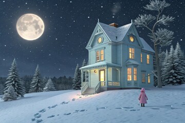 Fototapeta premium Snowy Winter Night with Full Moon and Child Looking at a Cozy House