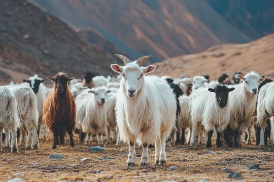 Pashmina wool cashmere goats grazing in highland pasture under mountainous backdrop, Flock of pashmina wool cashmere goats graze on highland pasture in Ladakh, north India