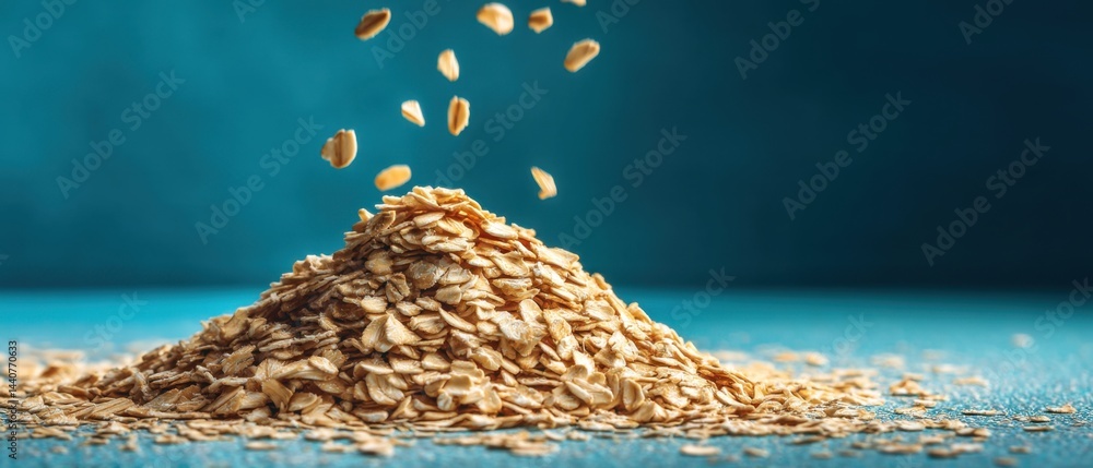 Poster cascading oat flakes creating a textured mound against a vibrant blue backdrop in a studio setting s