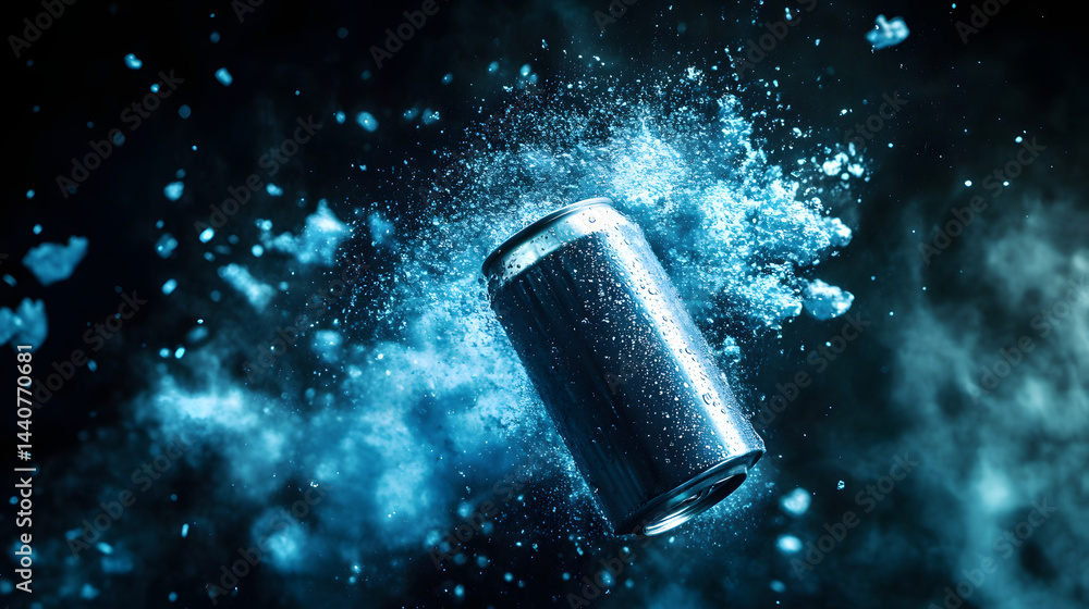Poster frozen blast: a high-speed capture of a soda can in a moment of explosion, featuring a dynamic splas