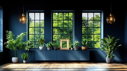 Fototapeta premium Modern dark blue living room with large windows and lush greenery
