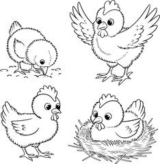 Fototapeta premium Bold black and white hand-drawn illustrations of 4 chickens doodling pecking at the ground, flapping wings, waddling in the yard, and nesting in hay, isolated on white.