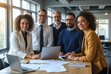 A diverse group of professionals sitting around a table with laptops and documents, smiling and working together in a modern office setting.