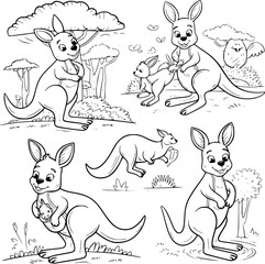 Bold black and white hand-drawn illustrations of 4 playful kangaroos doodling hopping through the Australian outback, carrying babies in pouches, and playing with other animals, isolated on white.