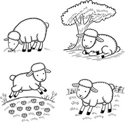 Bold black and white hand-drawn illustrations of 4 adorable sheep doodling grazing on grass, resting under trees, jumping through meadows, and playing in fields, isolated on white.