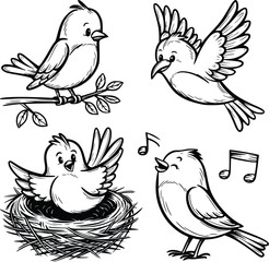 Bold black and white hand-drawn illustrations of 4 funny birds doodling sitting on branches, flying through the air, building nests, and singing songs, isolated on white.