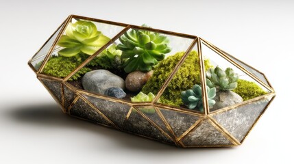 a beautiful geometric terrarium with plants on a white isolated background, modern and stylish design