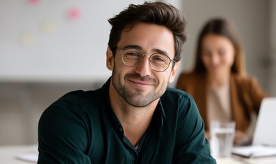 Smiling man in glasses, office setting, colleagues in background, professional portrait, possible use for business or personal branding