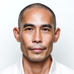 Obraz premium Asian mature male with shaved head and white shirt portrait on white background