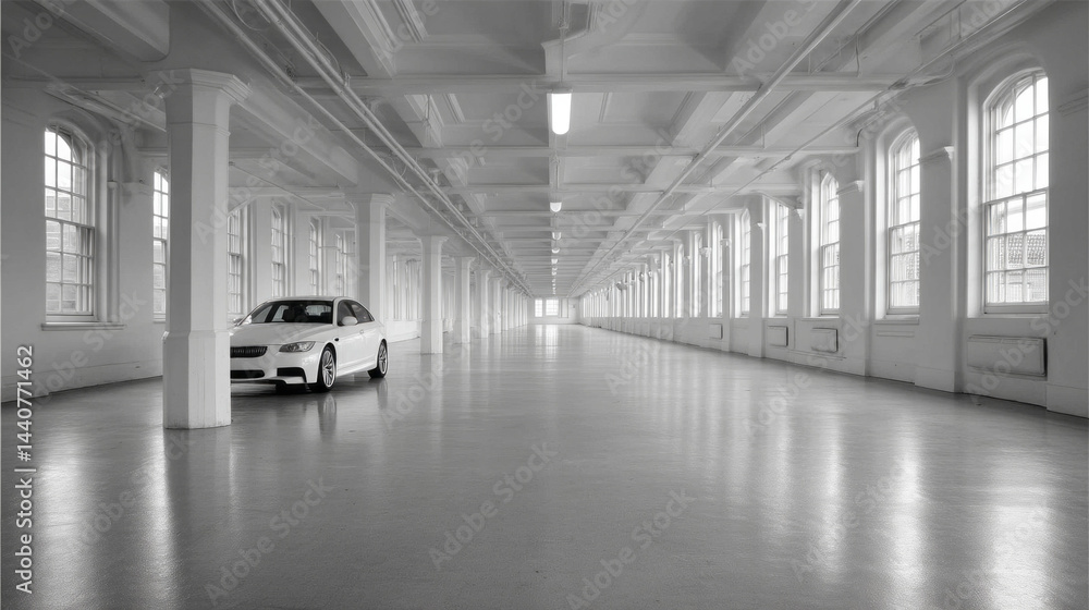Poster a solitary car rests in an expansive, airy structure with gleaming floors and large windows. natural