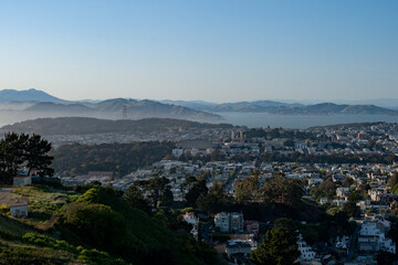 View looking north from Twin Peaks in San Francisco toward the Presidio District, Golden Gate Bridge, San Francisco Bay and mountains of Marin County, California.