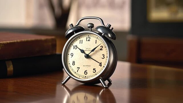 Vintage alarm clock ticking on wooden desk with book in background