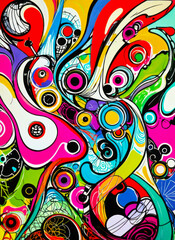 Fototapeta premium Psychedelic urban graffiti artwork with bright colors, distorted shapes, bold outlines, and fluid forms. Surreal and playful, perfect for posters, album covers, web visuals, or digital art projects.