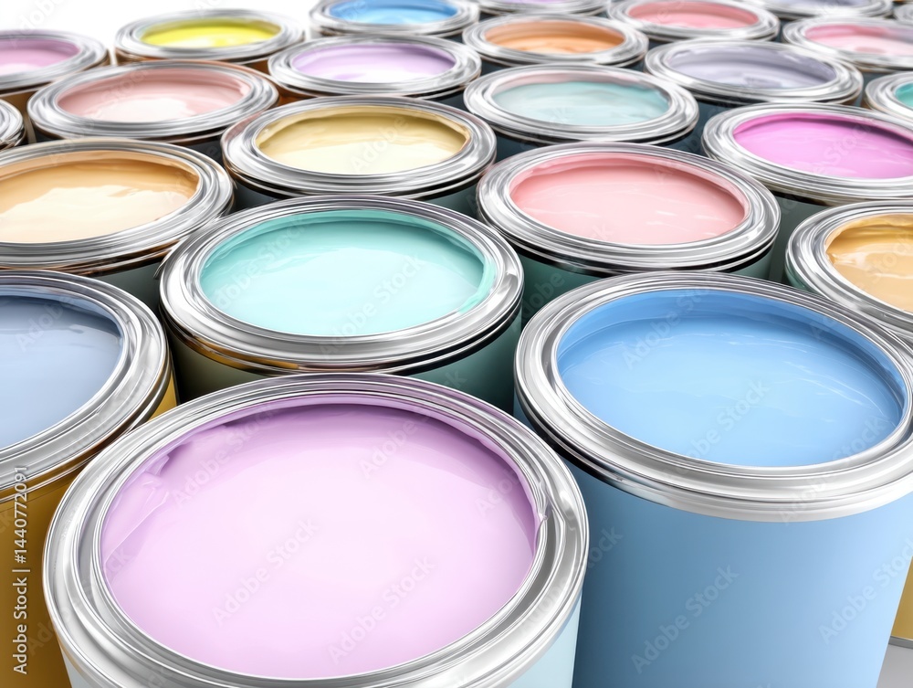 Poster pastel paint cans arrayed in a colorful spectrum offering a vibrant palette for creative projects a 