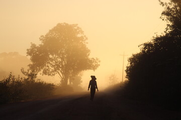 silhueta de mulher caminhando em estrada iluminada pelo nascer do sol. foto tirada na rodovia...