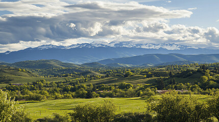 Fototapeta premium Lush valley, snow-capped mountains