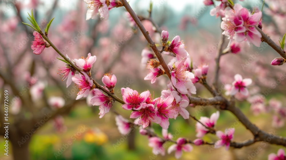 Poster delicate peach blossoms in full bloom create a stunning display of spring beauty in a serene orchard
