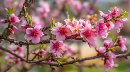 Obraz premium Delicate peach blossoms in full bloom with soft pink petals and fresh green leaves against a blurred background capturing the essence of spring beauty in a close up shot