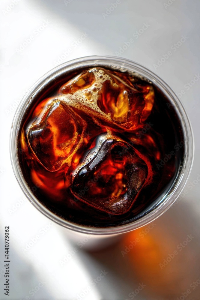 Aufkleber refreshing iced coffee with ice cubes in a clear plastic cup on a white surface overhead view captur