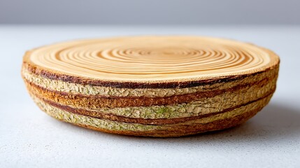 Polished wood slice, circular, showing growth rings and bark