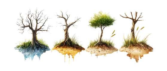 Pack of Drought Landscapes Against Transparent Background for Environmental Branding, Climate Awareness Promotion, or Nature Design Projects