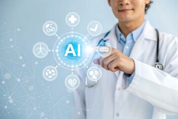 Asian Doctor Touching AI Interface with Medical Icons and Futuristic Background
