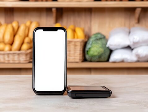 Two smartphones, one upright and one folded, displayed on a market counter with fresh produce in the background.