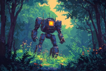 Futuristic robot emerges from mystical forest depths with glowing core at twilight, futuristic robot emerging from the depths of a mythical forest in a pixel art style