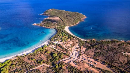 Gordijnen Best beaches of Corsica island - aerial panoramic view of beautiful Rondinara beach with crystal turquoise sea. © Freesurf