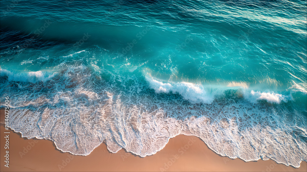 Poster ocean waves crashing on shore: a mesmerizing aerial view of the turquoise ocean waves, cascading ont