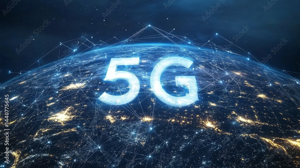 Poster global connectivity and data networks with 5g technology illuminating earth