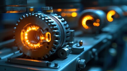 Close-up of illuminated mechanical gears on a production line with warm lighting effects