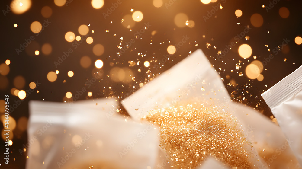 Poster golden glitter in focus: a close-up image of sparkling golden glitter bursting from its transparent 