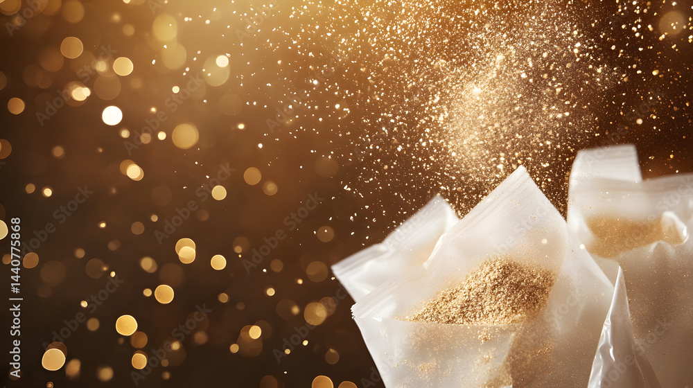 Aufkleber golden dust and packaging: a close-up shot of golden dust elegantly cascading from the package, crea