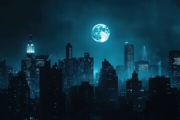 Silhouetted buildings under a bright full moon in a dark cityscape at night, Dark city with silhouetted buildings under full moonlight ing  background