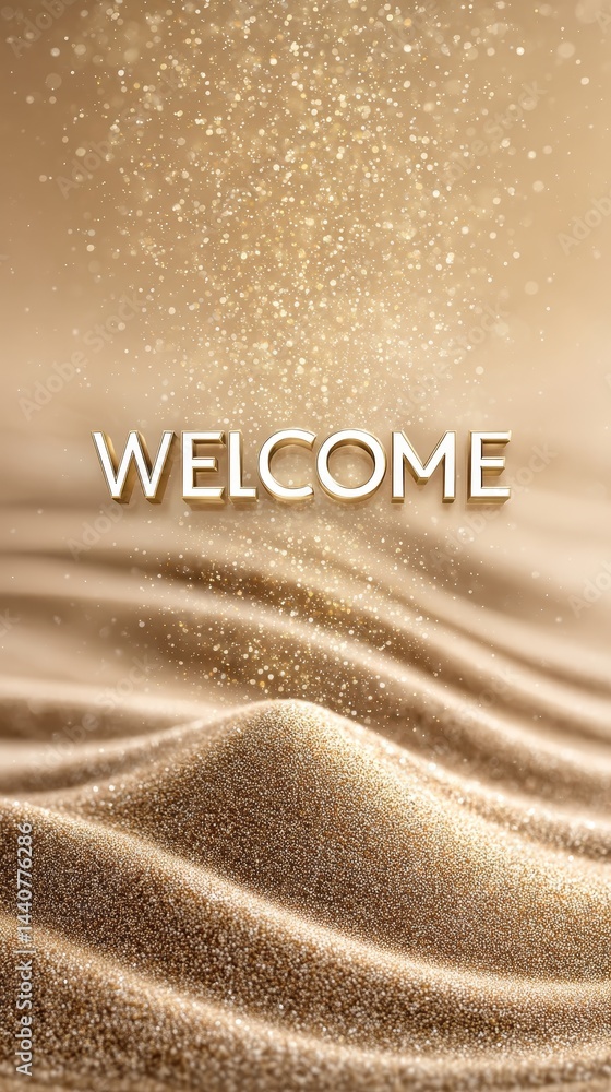 Poster welcome text on sparkling gold sand background with bokeh effect