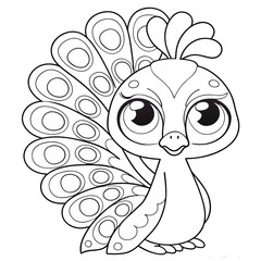 Naklejka premium Cute Cartoon Peacock Outline Drawing