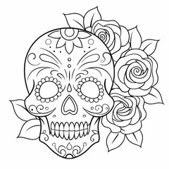 Sugar Skull with Roses Outline
