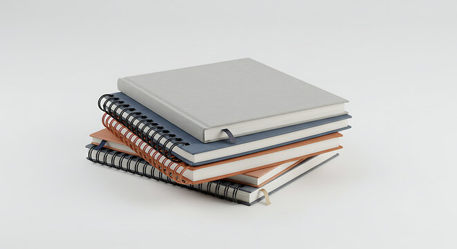 A neat stack of four different notebooks sits isolated on a clean white background