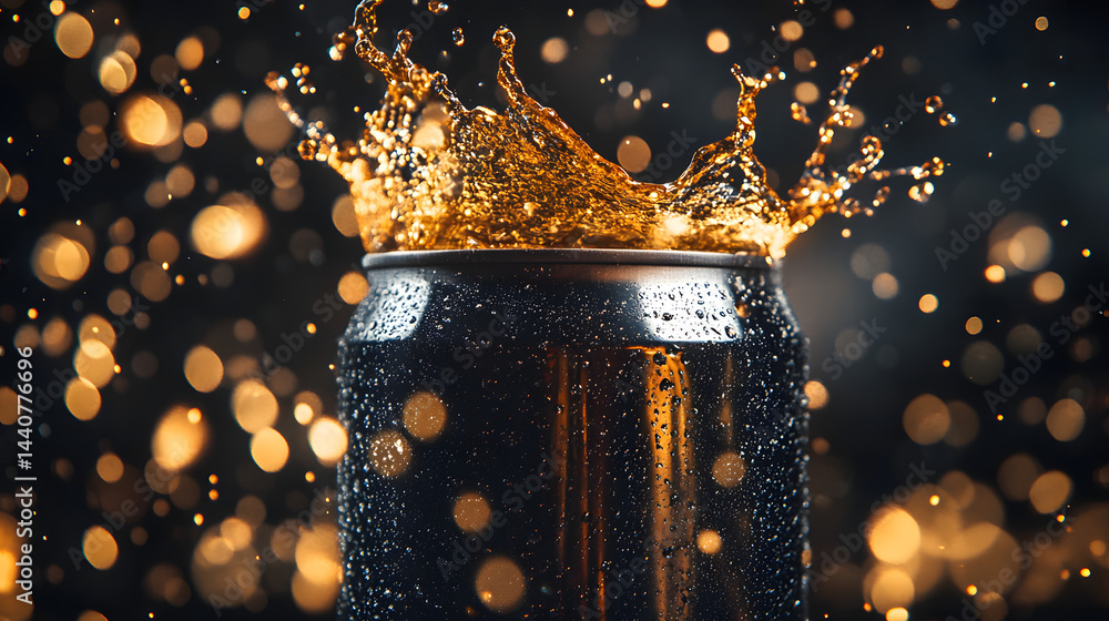 Poster refreshing beverage: a close-up shot of a cold can of golden beverage, with a refreshing splash as i