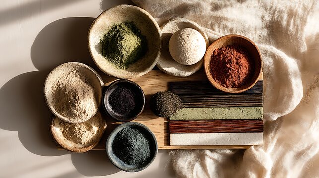 Assorted natural powders and wood samples