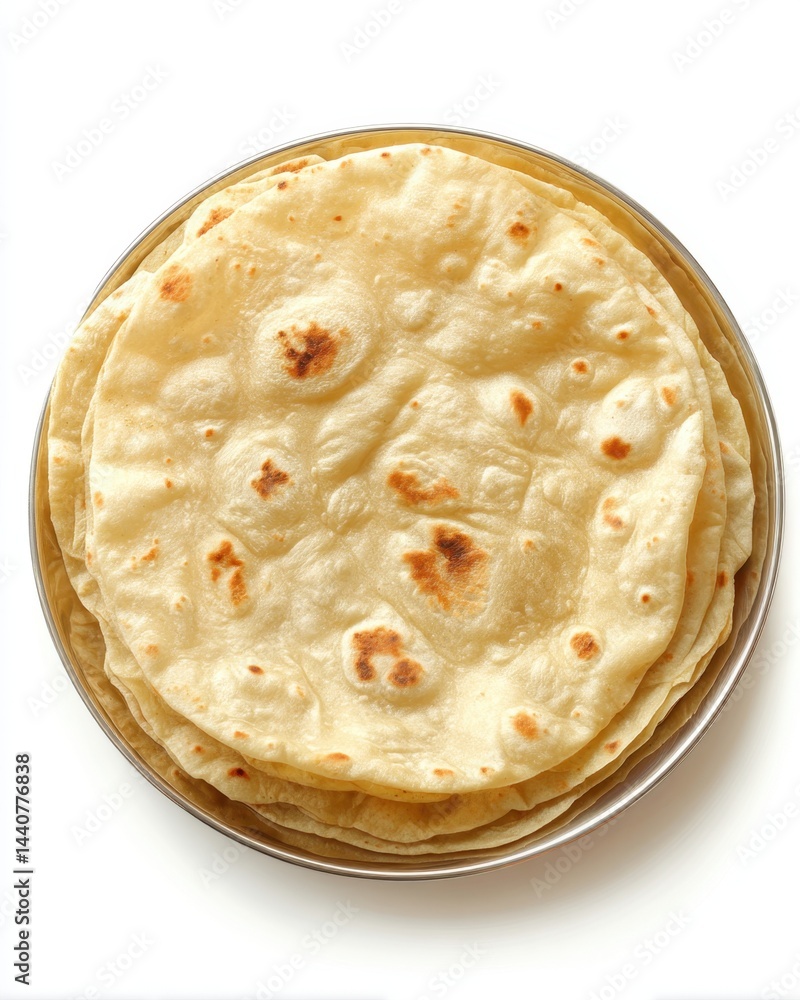 Poster stack of freshly made chapati flatbreads on a silver plate displaying culinary tradition and simplic